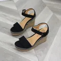 Eleganti sandali con zeppa in pelle scamosciata nera da donna con cinturino alla caviglia - 34 / Cinturino alla Caviglia / Nero