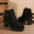 Close-up of black chunky heel lace-up ankle boots with side zipper and buckle - 35 / Black