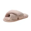 Close-up of soft pink fuzzy cross-strap slippers featuring a premium plush texture and flat sole - Pink