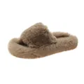 Detailed view of women's plush fuzzy platform slippers with soft faux fur texture in tan - 35 / Platform Open Toe Fuzzy Slippers / Khaki