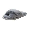 Macro view of plush gray faux fur cross-strap slippers with a flat sole - 36-37 / Gray
