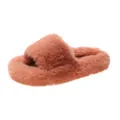 Macro view of soft coral-colored fuzzy slippers featuring a thick sole and plush texture - 35 / Platform Cross Band Fuzzy Slippers (C01) / Orange