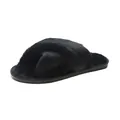Detailed view of the soft black faux fur cross-strap slippers for indoor home use - 36-37 / Black