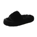 Detailed macro view of black fluffy faux fur slippers with thick platform soles. - 35 / Platform Open Toe Fuzzy Slippers / Black
