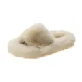 Detailed macro view of soft cream-colored fluffy faux fur platform slippers for women. - 35 / Platform Open Toe Fuzzy Slippers / Off White