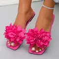 Vibrant fuchsia flat sandals with oversized fabric flower decor and square toe design - 35 / Rose Red