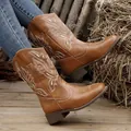 Women's stylish brown embroidered cowboy boots with chunky mid-heels and rustic design - 36 / Tan