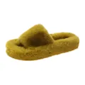 Macro view of soft mustard yellow faux fur texture on thick-soled platform slippers - 35 / Platform Open Toe Fuzzy Slippers / Yellow (C01)