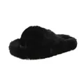 Detail view of black criss-cross faux fur slippers with plush texture for winter - 35 / Cross Band Open Toe Platform Fuzzy Slippers / Black