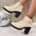 Cream beige lace-up chunky heel ankle boots with decorative buckle strap and side zipper - 35 / Off White