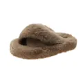 Macro view of plush cross-strap faux fur slippers with comfortable thick sole - 35 / Platform Cross Band Fuzzy Slippers / Khaki