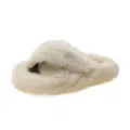Close-up view of soft cream faux fur cross strap slippers with comfortable thick sole - 35 / Platform Cross Band Fuzzy Slippers / Off White
