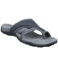 Close-up of grey women's wedge thong sandals featuring decorative stitching and arch support. - 35 / Dark Gray