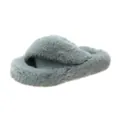Detail view showing the soft faux fur texture of grey cross-strap platform slippers. - 35 / Platform Cross Band Fuzzy Slippers / Blue