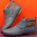 Casual 2025 autumn women's flat ankle boots in blue with velcro strap and soft sole - 35 / Gray