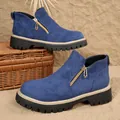 Blue faux suede ankle boots featuring gold side zipper and thick lug sole for women - 36 / Blue