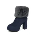 Detail view of navy blue platform ankle boots with grey faux fur collar and bow. - 34 / Blue