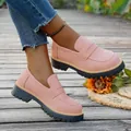 Detailed close-up of pink matte chunky loafers on feet showcasing retro British style - 36 / Pink