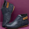 Casual dark blue soft leather ankle boots with brown velcro strap for autumn and winter - 35 / Blue