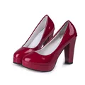Elegant red patent leather platform pumps featuring chunky high heels and round toe design - 34 / Red