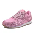 Detail view of stylish pink glitter platform sneakers for women with breathable mesh design - 35 / Pink
