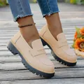 Classic British style beige loafers featuring a chunky black platform lug sole for women - 36 / Khaki