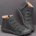 Dark grey women's casual flat Martin boots with side zipper and decorative laces - Gray