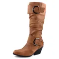 Side detail of brown faux leather knee-high boots featuring chic buckle straps and chunky heel - Tan