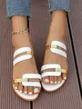 Ladies white summer beach sandals with chic gold metallic accents and flat sole design - 35 / Wedge Peep Toe Style / White