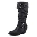 Side view of black slouchy knee-high boots with buckle details and mid block heel. - 35 / Black