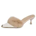 White pointed toe kitten heel mules with genuine rabbit fur and rhinestone detail - 33 / 6cm Heel / Beige