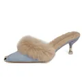 Light blue pointed-toe kitten heel slippers featuring soft fur trim and gold metallic tips - 33 / 6cm Heel / Blue