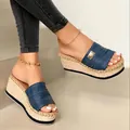 Summer Roman denim platform wedge sandals in blue finish for casual wear - 35 / Blue