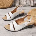 Stylish white open-toe sandals featuring a medium block heel and adjustable slingback strap - White