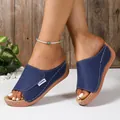 Blue platform wedge slide sandals for women with a casual peep-toe summer design - 36 / Dark Blue
