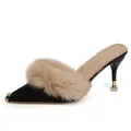 Elegant black suede pointed-toe high-heeled mule with luxury beige real fur trim and gold metal tip. - 33 / 8cm Heel / Black