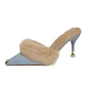 Pointed-toe light blue high heel mules with faux fur trim and metal cap - 33 / 8cm Heel / Blue