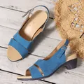 Elegant blue suede peep-toe sandals with adjustable ankle strap and comfortable mid chunky heel - Blue