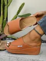 Stylish tan brown platform wedge slides with fashion label for women's summer leisure wear - Orange