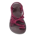 Top view of a burgundy braided rope toe-loop flat sandal featuring white stitching detail - 35 / Burgundy