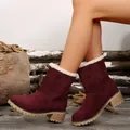 Burgundy faux suede winter ankle boots with cream fur lining and stacked block heel - 36 / Burgundy