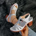 Elegant light blue peep-toe block heel sandals with T-strap design for summer outings - 36 / Gray
