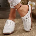 Stylish casual white perforated leather closed-toe platform mules for women with floral studs - 36 / Hollowed Out Rivet Style (382) / White