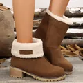 Vintage style winter ankle boots for women featuring warm faux fur trim and chunky block heels - Tan