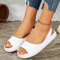 Close-up detail of stylish white platform peep-toe sandals with thick soles for women - 45 / White