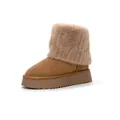 Close-up of warm winter snow boots with thick platform sole and fluffy faux fur trim - Brown