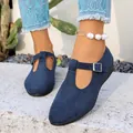 Primo piano dettagliato di scarpe blu navy con cinturino a T e una fibbia regolabile - 36 / Cinturino a T / Blu