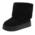 Detailed view of women's black platform snow boot with a cozy plush faux fur cuff design - Black