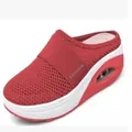 Close-up view of red mesh platform mule shoes featuring a comfortable air cushion sole - 35 / Red (Large Mesh)