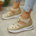 Close-up of gold wedge sandals with 7cm heel height and stylish hollow-out design - 38 / Gold (w-20)